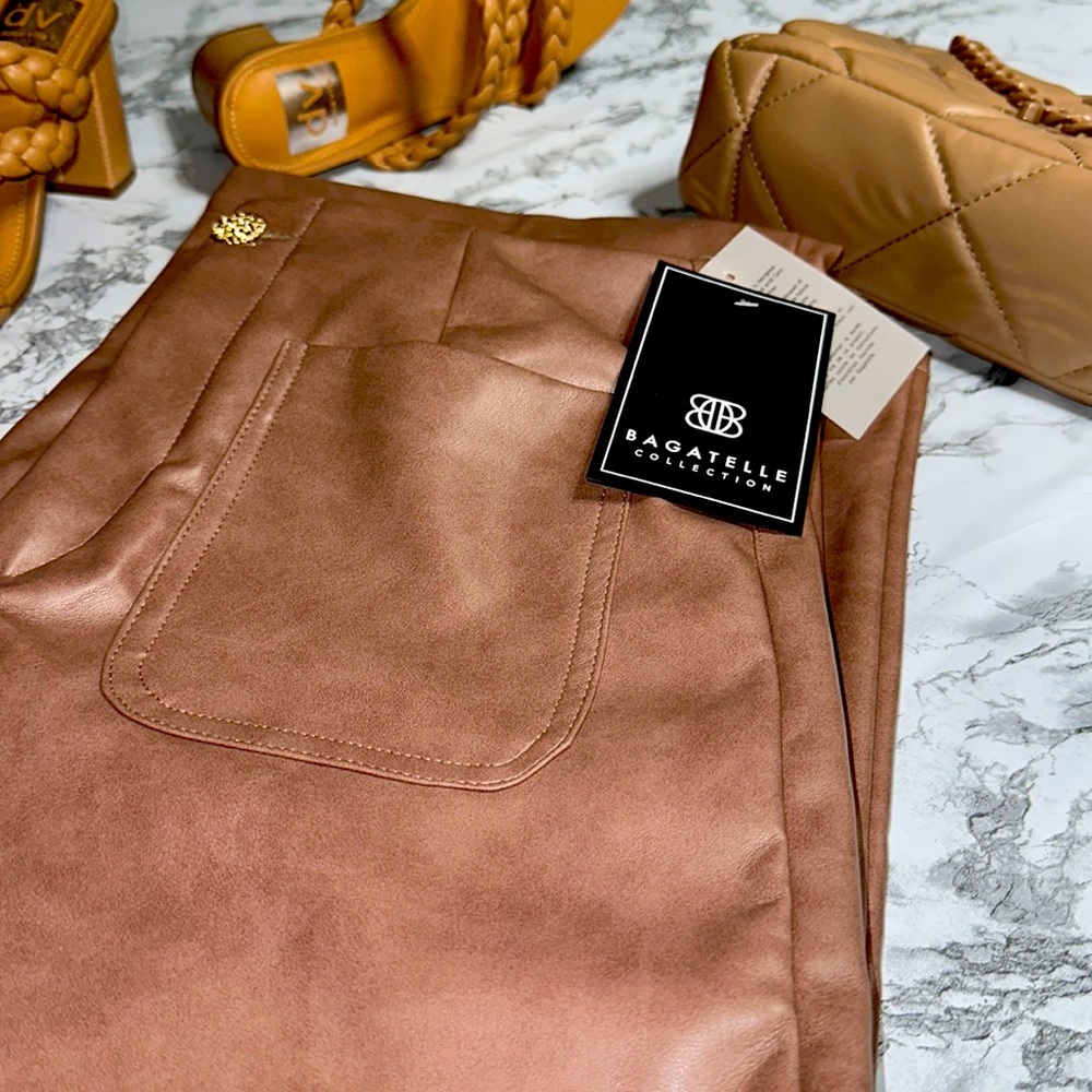 Bagatelle Khaki wide leg cropped faux vegan leather with gold embellishment pant